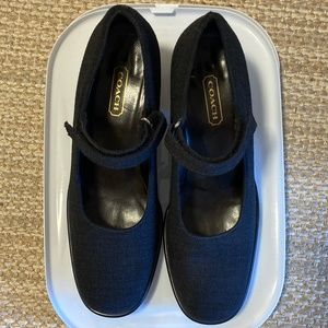 Coach black linen adjustable strap Mary Jane heels